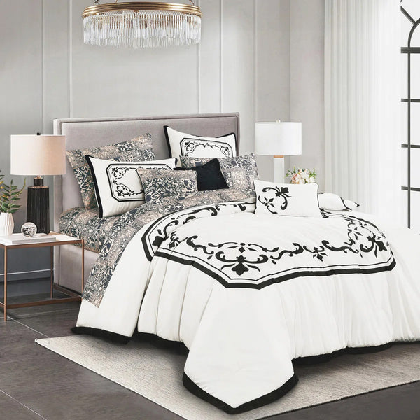 White Black Damask 10 Piece Bed-in-a-bag Comforter Set