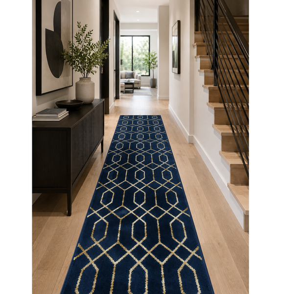 Navy Blue & Gold Geometric Modern Indoor Hallway Entryway & Kitchen Runner Rug - 2'7" x 12'
