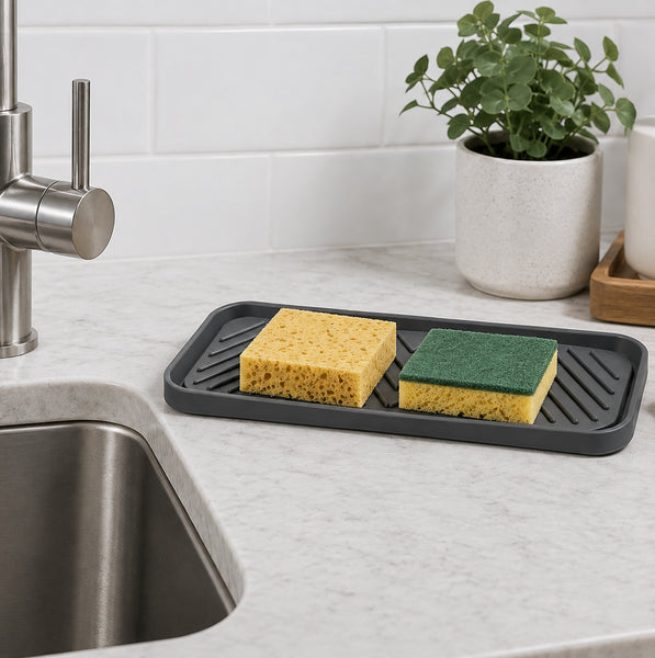 Grey Non-Slip TPR Kitchen Sink Sponge Holder Tray Mat - 2 Pack