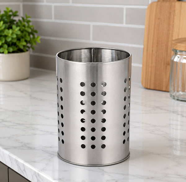 Stainless Steel Kitchen Utensil Holder with Ventilation Holes – Countertop Cooking Tool Organizer for Spoons, Spatulas, Whisks & Ladles – Satin