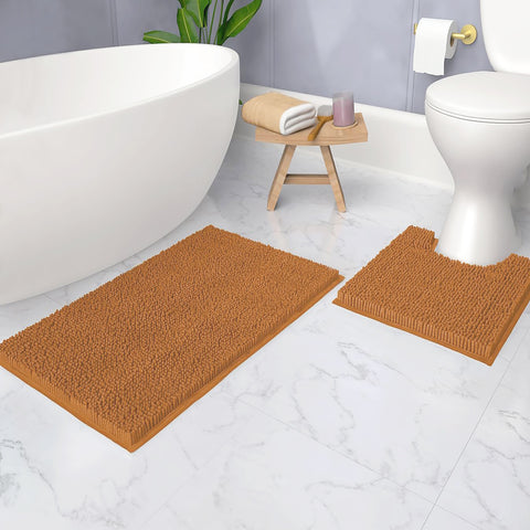2 Piece Set Pumpkin Orange Soft Cozy Plush Chenille Bath Mat Bathroom Rug