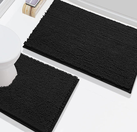 2 Piece Set Black Soft Cozy Plush Chenille Bath Mat Bathroom Rug