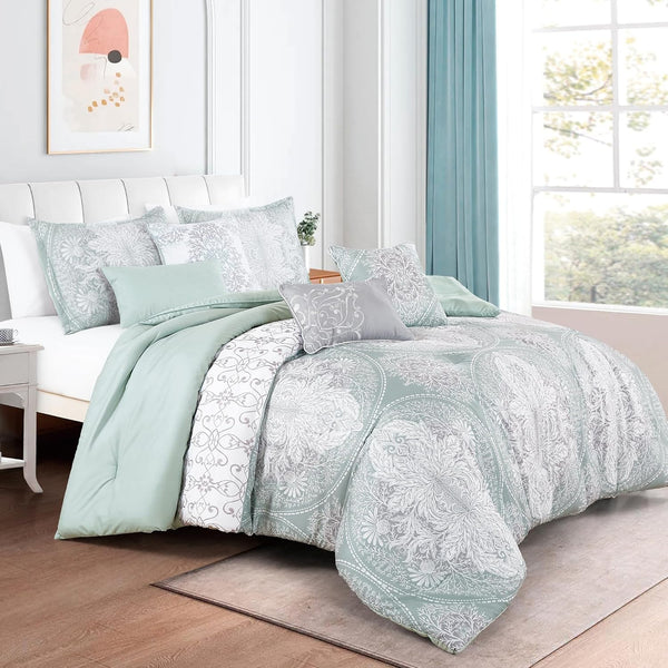 7 Piece Light Green White Paisley Bedding Comforter Set