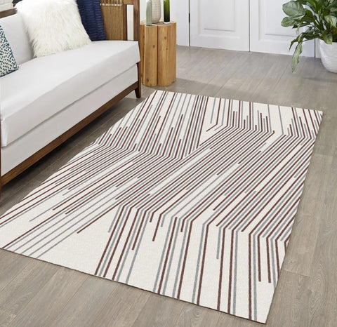 Beige Cream Grey Geometric Striped Soft Pile Boho Minimal Large Area Rug