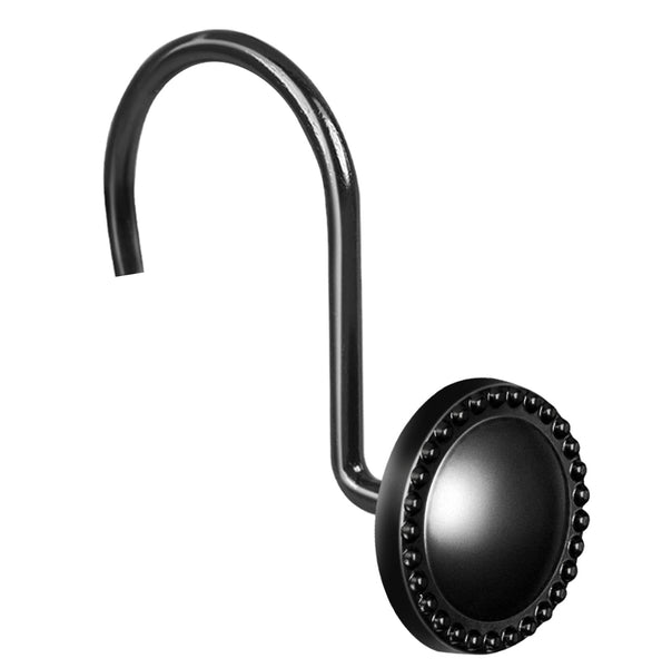 12 Piece Set - Matte Black Button Heavy Duty Shower Curtain Hooks Rings Rustproof Metal