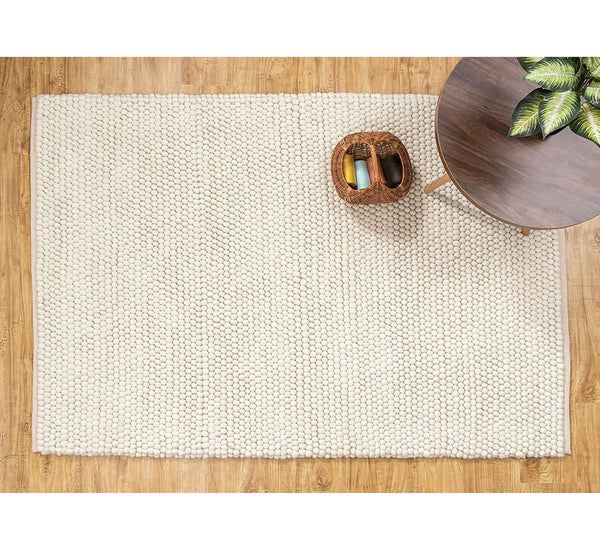 Ivory Cream Chunky Beads Hand-Woven Handmade Wool Natural Area Rug