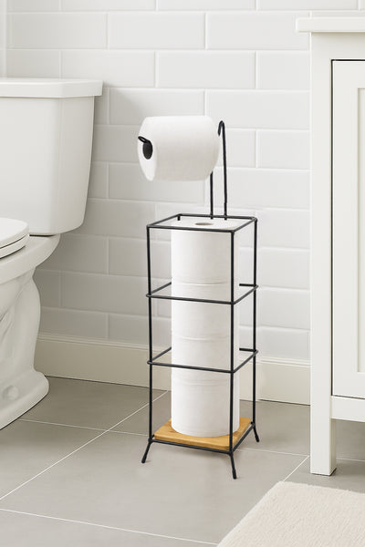 23" Tall - Matte Black Bamboo Toilet Paper Storage Stand Holder