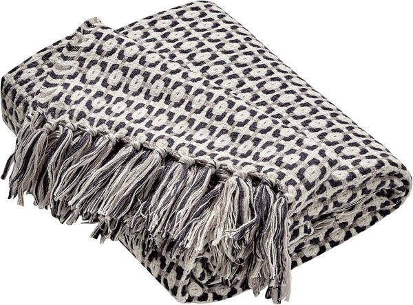 Coffee and Beige Geometric Soft Woven Knitted Cozy Lightweight Throw Blanket with Fringe Tassels - 50"x60"