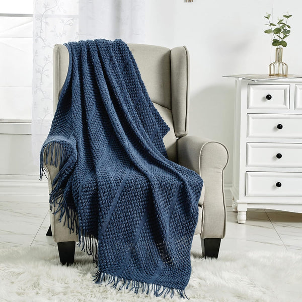 Blue Textured Soft Woven Knitted Cozy Lightweight Throw Blanket with Fringe Tassels - 50"x60"