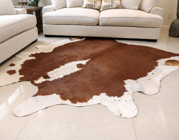 6' x 7' Feet Brown White Cowhide Handmade Soft Large Cow Hide Cow Skin Leather Animal Area Rug