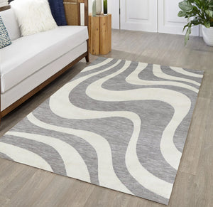 Grey Ivory Swirls Stripes Abstract Boho Farmhouse Soft Pile Boho Minimal Large Area Rug