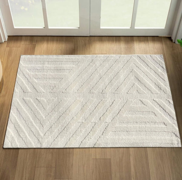 2x3 Ivory Light Cream Geometric Abstract Soft Pile Boho Minimal Door Mat Area Rug