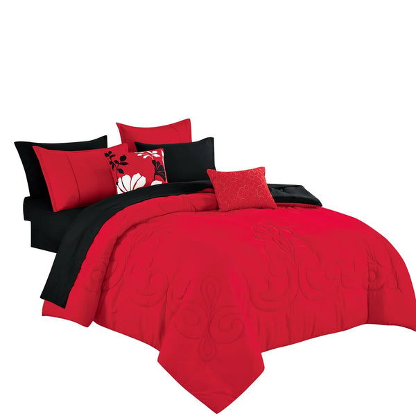 Red Black Floral Modern 9 Piece Bed-in-a-bag Comforter Set