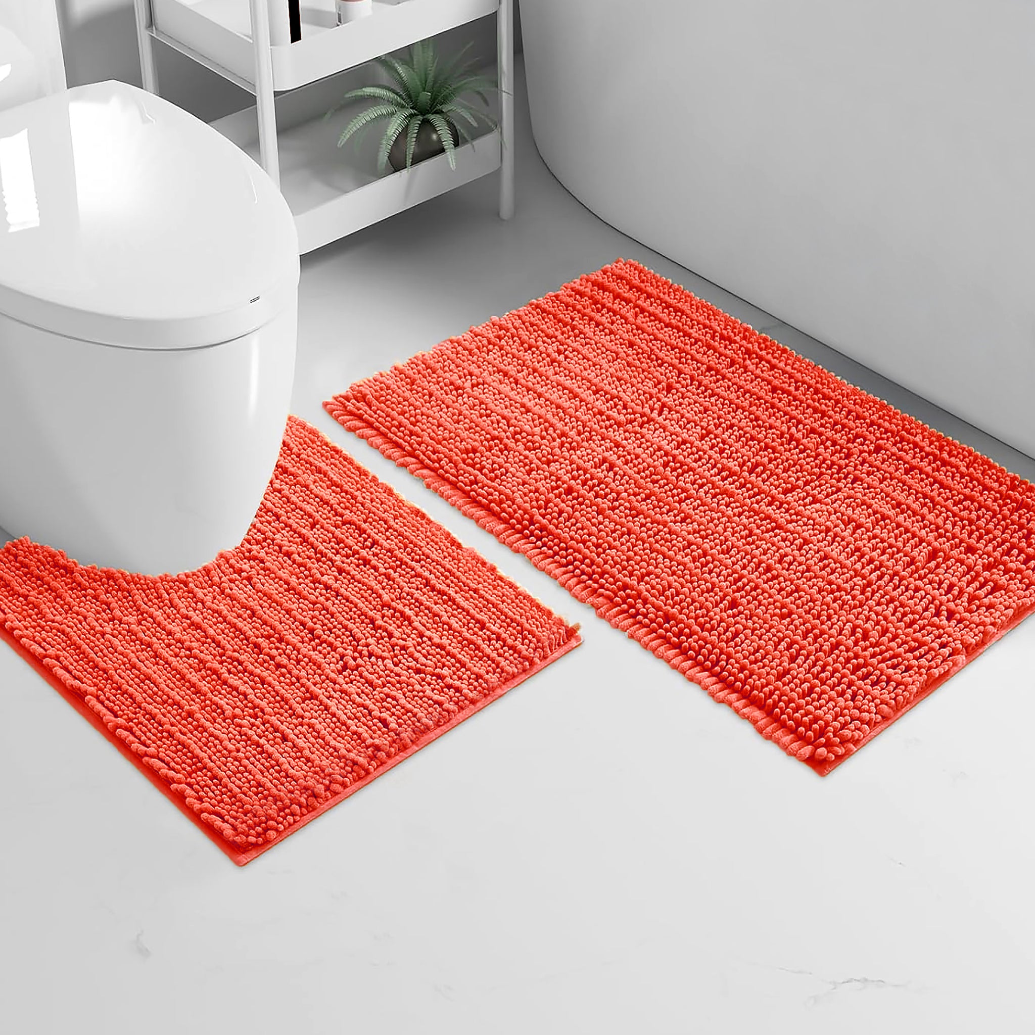2 Piece Set Coral Soft Cozy Plush Chenille Bath Mat Bathroom Rug