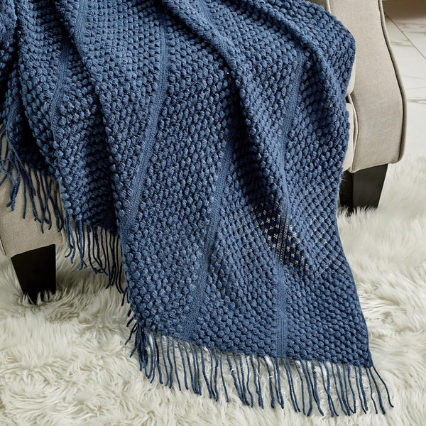 Blue Textured Soft Woven Knitted Cozy Lightweight Throw Blanket with Fringe Tassels - 50"x60"