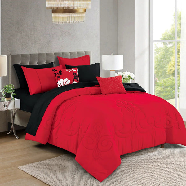 Red Black Floral Modern 9 Piece Bed-in-a-bag Comforter Set