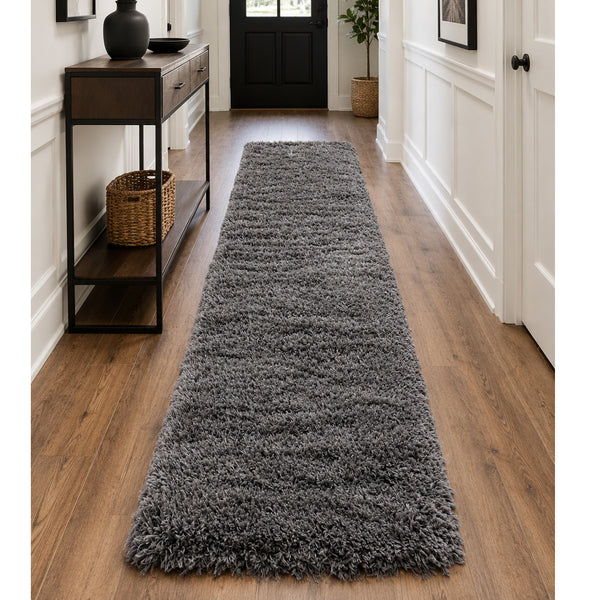 Charcoal Gray Modern Soft Plush High-Pile Shag Hallway Runner Rug - 2'7" x 12'