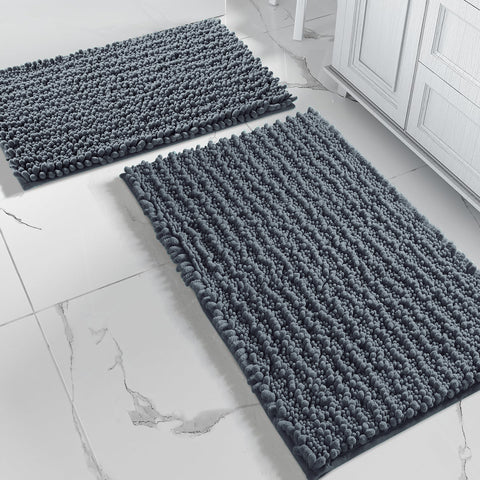 Large 2 Piece Set Dark Grey Soft Cozy Plush Chenille Bath Mat Bathroom Rug