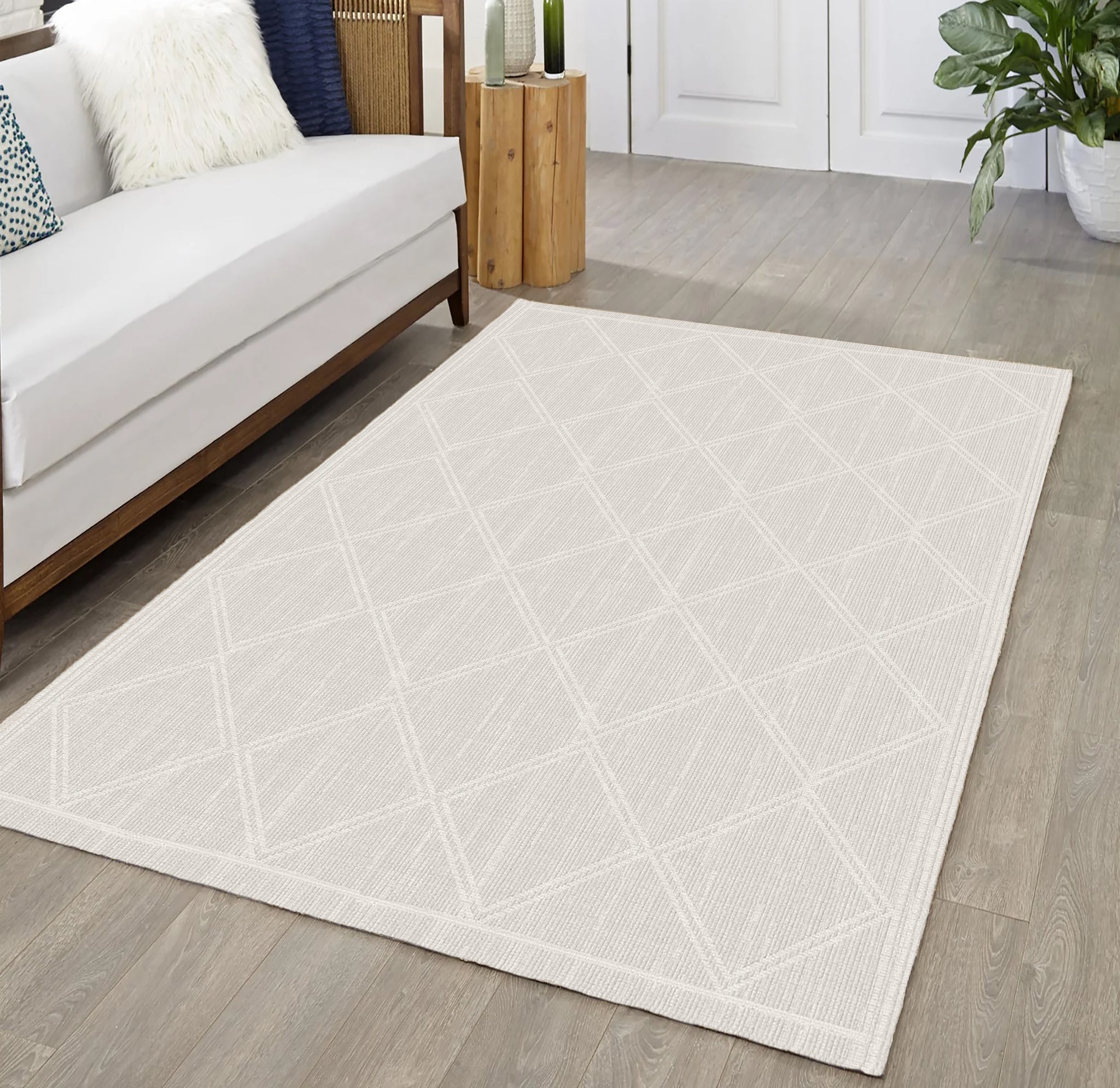 Ivory Cream Beige Geometric Boho Farmhouse Soft Pile Boho Minimal Large Area Rug