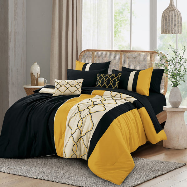 9 Piece Bed-in-a-Bag Black Yellow Modern Solid Soft Bedding Comforter Set