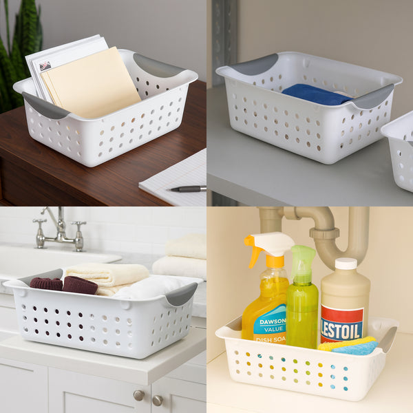 4 Pack Set White Plastic Multipurpose Durable Storage Baskets
