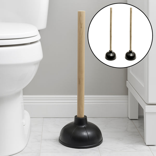 Heavy Duty Toilet & Sink Bathroom Plunger with Wooden Handle - Set of 2