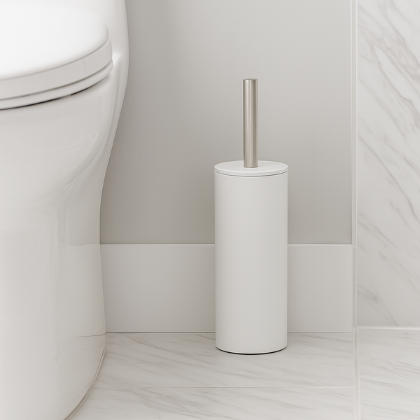 15" Tall Modern White Stainless Steel Toilet Brush Set with Holder