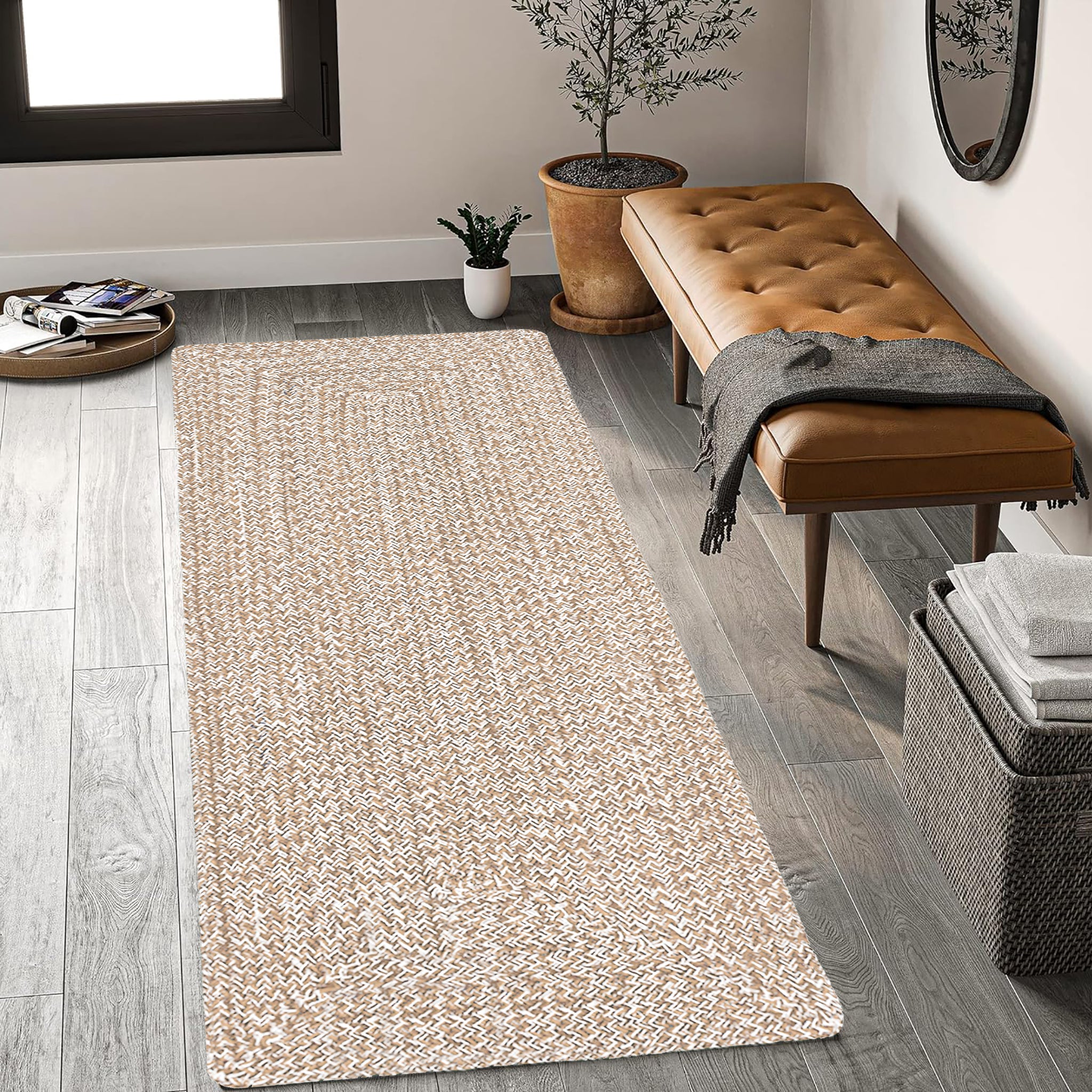 Cream Natural Cotton Braided Handmade Bohemian Boho Reversible Runner Rug - 18"x54"