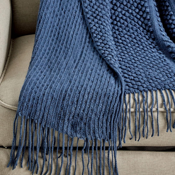 Blue Textured Soft Woven Knitted Cozy Lightweight Throw Blanket with Fringe Tassels - 50"x60"