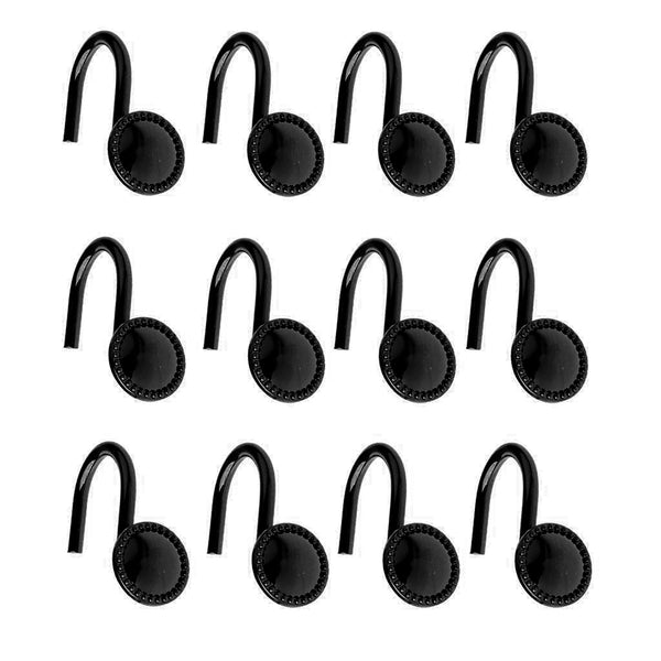 12 Piece Set - Matte Black Button Heavy Duty Shower Curtain Hooks Rings Rustproof Metal