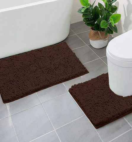 2 Piece Set Brown Soft Cozy Plush Chenille Bath Mat Bathroom Rug