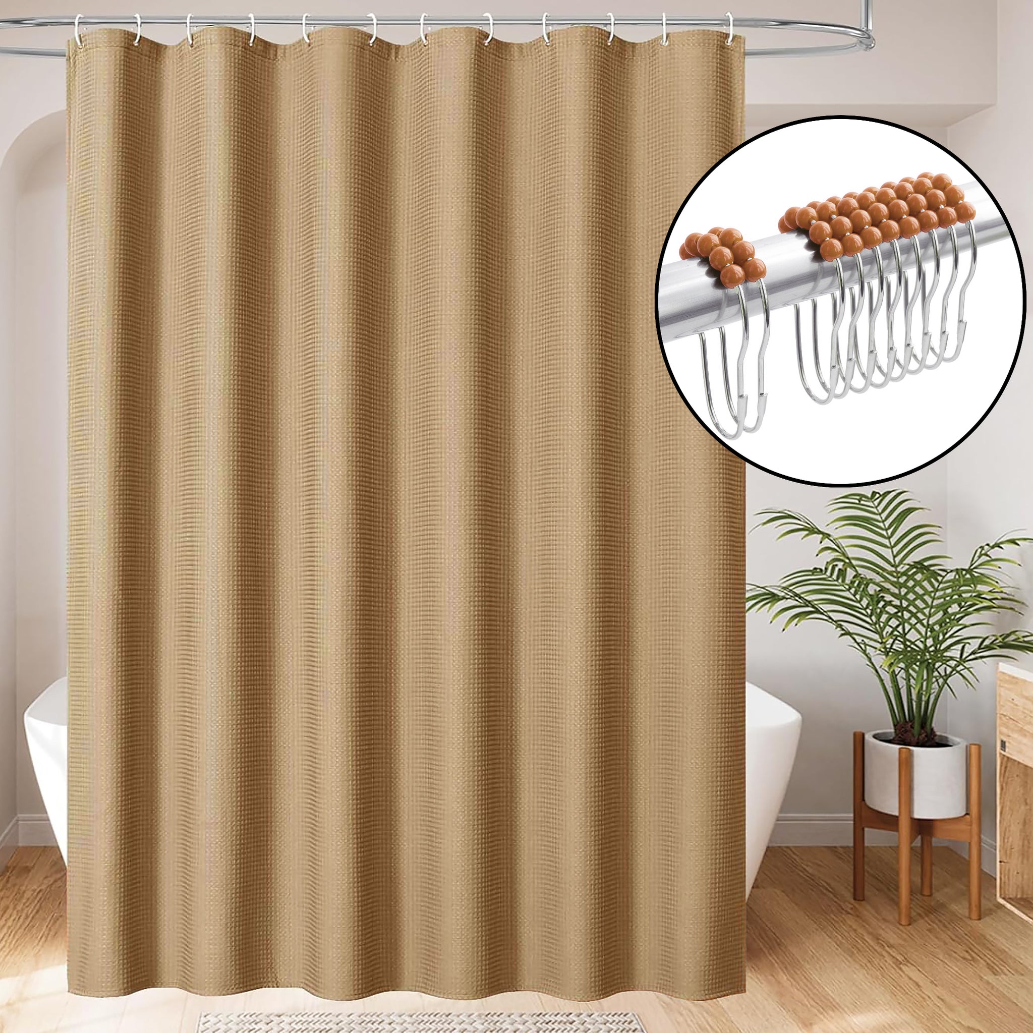 72" x 72" - Brown Fabric Textured Glam luxury Shower Curtain With 12 Metal Roller Ball Hooks