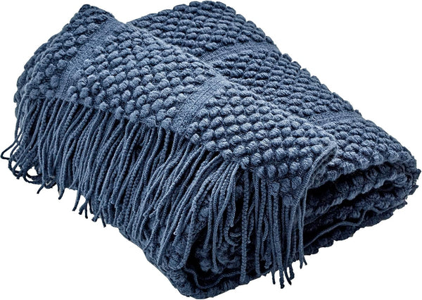Blue Textured Soft Woven Knitted Cozy Lightweight Throw Blanket with Fringe Tassels - 50"x60"