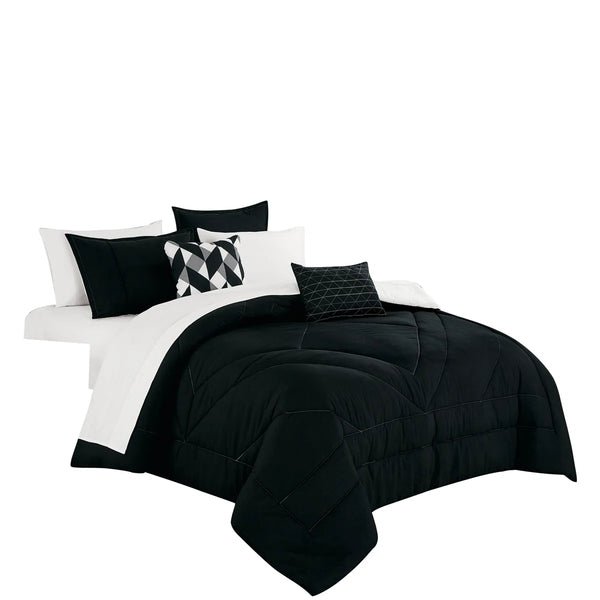 Black White Solid Geometric Modern 9 Piece Bed-in-a-bag Comforter Set