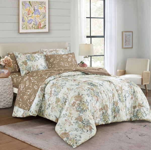 7 Piece Floral Botanical Modern Comforter Set Soft Bedding