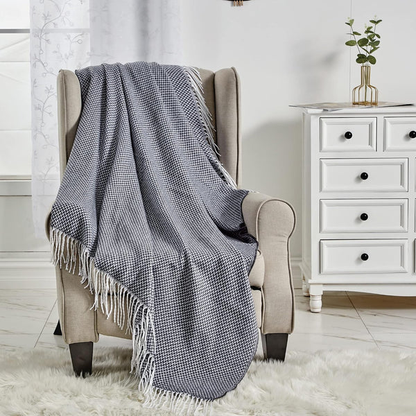White Grey Geometric Soft Woven Knitted Cozy Lightweight Throw Blanket with Fringe Tassels - 50"x60"