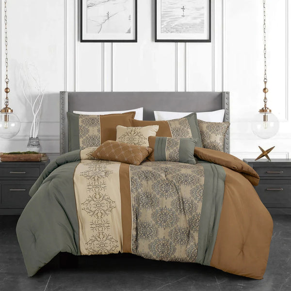 7 Piece Brown Grey Modern Striped Floral Bedding Comforter Set