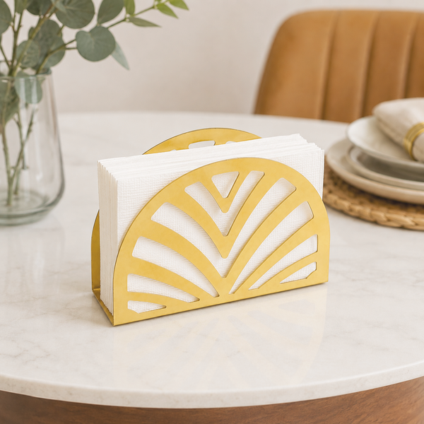 Gold Iron Napkin Holder – Decorative Metal Tabletop Napkin Organizer with Modern Fan Design for Kitchen, Dining Table & Countertop