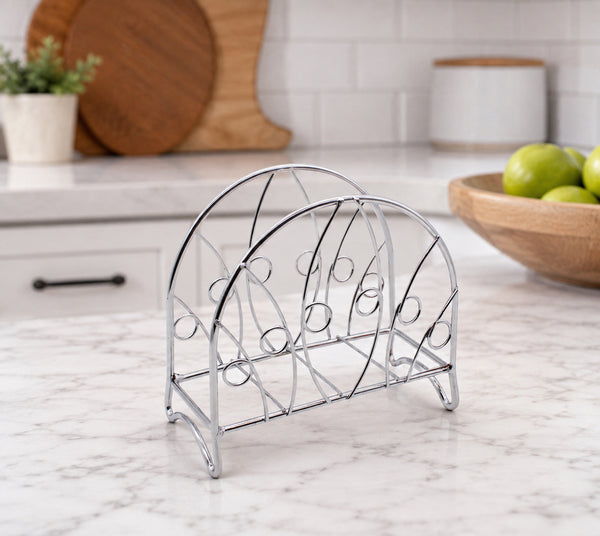 Decorative Chrome Metal Napkin Holder with Leaf & Circle Design – Freestanding Tabletop Napkin Organizer for Kitchen, Dining Table & Countertop