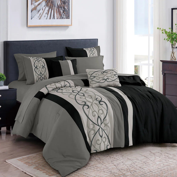 Grey Black Striped Geometric Modern 9 Piece Bed-in-a-bag Comforter Set