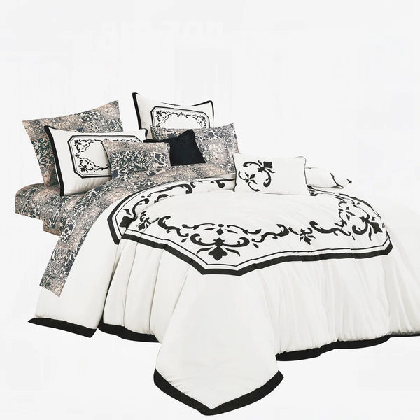 White Black Damask 10 Piece Bed-in-a-bag Comforter Set