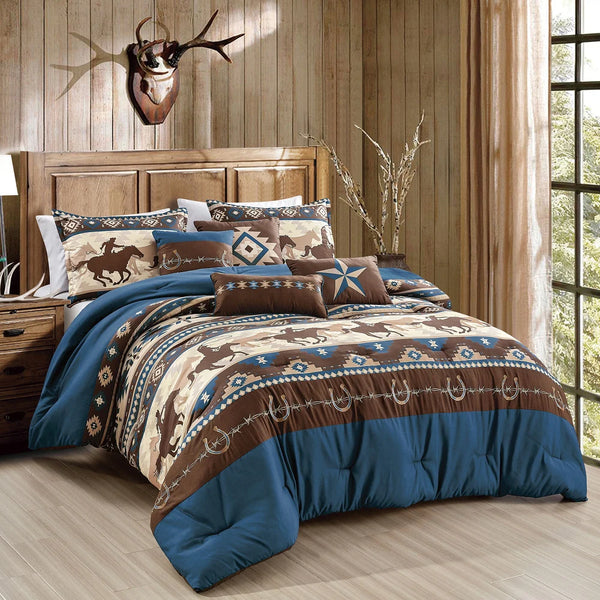 7 Piece Blue Brown Southwestern Cowboys Cabin Comforter Set Embroidery Soft Bedding