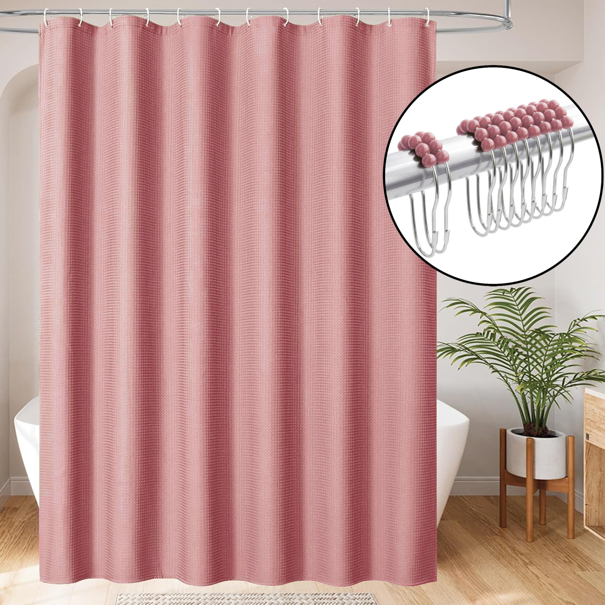 72" x 72" - Rose Pink Fabric Textured Glam luxury Shower Curtain With 12 Metal Roller Ball Hooks