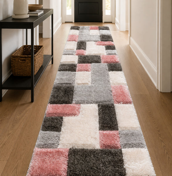 3D Textured Soft Modern Pink Gray Charcoal Cream Geometric Shag Runner Rug - 2'7" x 9'10"