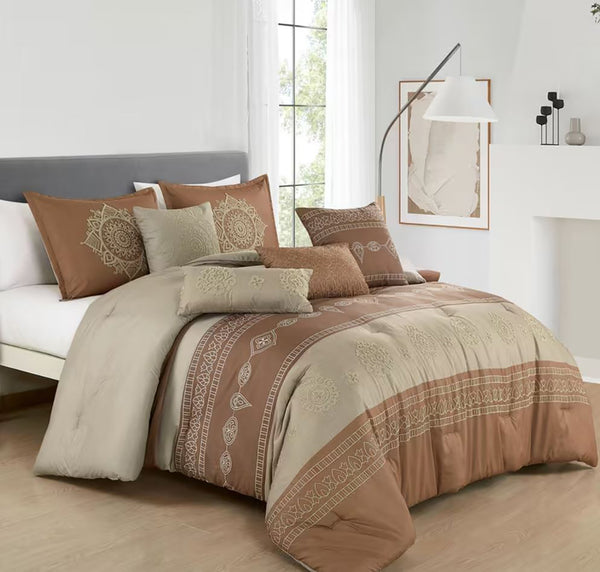 7 Piece Embroidered Brown Beige Comforter Set Soft Bedding