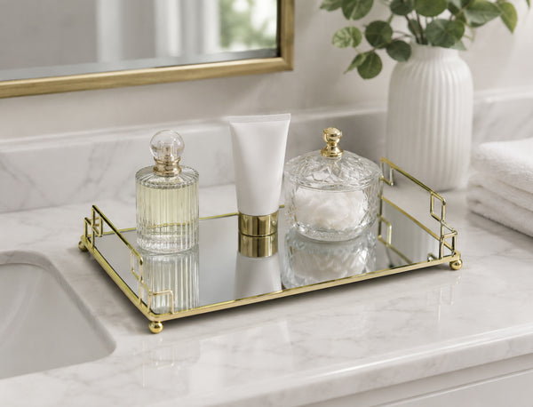 Gold Mirrored Vanity Tray with Decorative Metal Frame – Rectangular Bathroom Counter & Dresser Organizer for Perfume, Cosmetics, Jewelry & Accessories