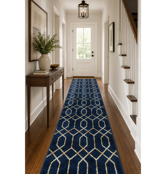 Navy Blue & Gold Geometric Modern Indoor Hallway Entryway & Kitchen Runner Rug - 2'7" x 12'