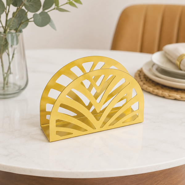 Gold Iron Napkin Holder – Decorative Metal Tabletop Napkin Organizer with Modern Fan Design for Kitchen, Dining Table & Countertop