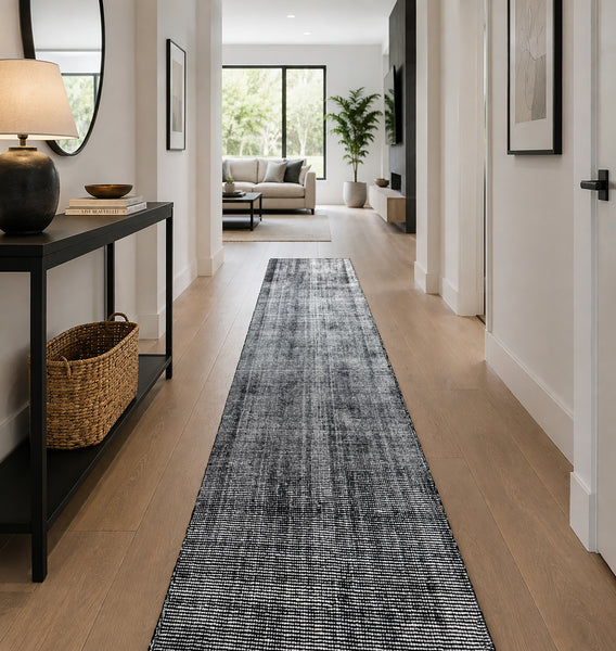 Black Modern Hand-Knotted Wool Runner Rug -  2'8" x 13'10"