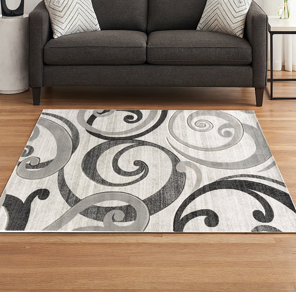 Grey Swirls Hand-Carved Soft Living Room Area Rug